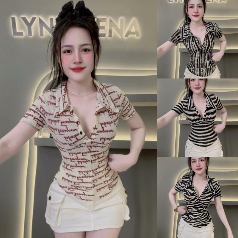 Áo Hotgirl cổ bẻ tay ngắn sang trọng  hoạ tiết nhà Lynh Zena_A7079