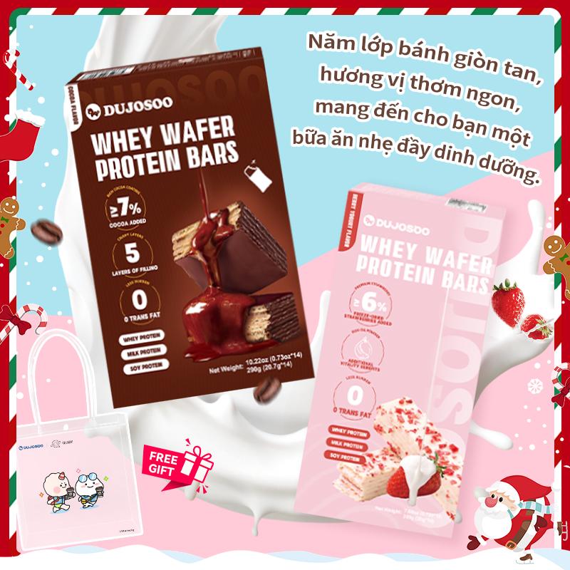  Thanh Protein Whey DUJOSOO - Hương vị Sữa chua dâu 200g  20g*10 gói  | Nhiều dâu tây sấy lạnh giàu protein dùng làm bữa ăn thay thế bữa sáng dinh dưỡng hoặc đồ ăn vặt lành mạnh tại văn phòng 0313 