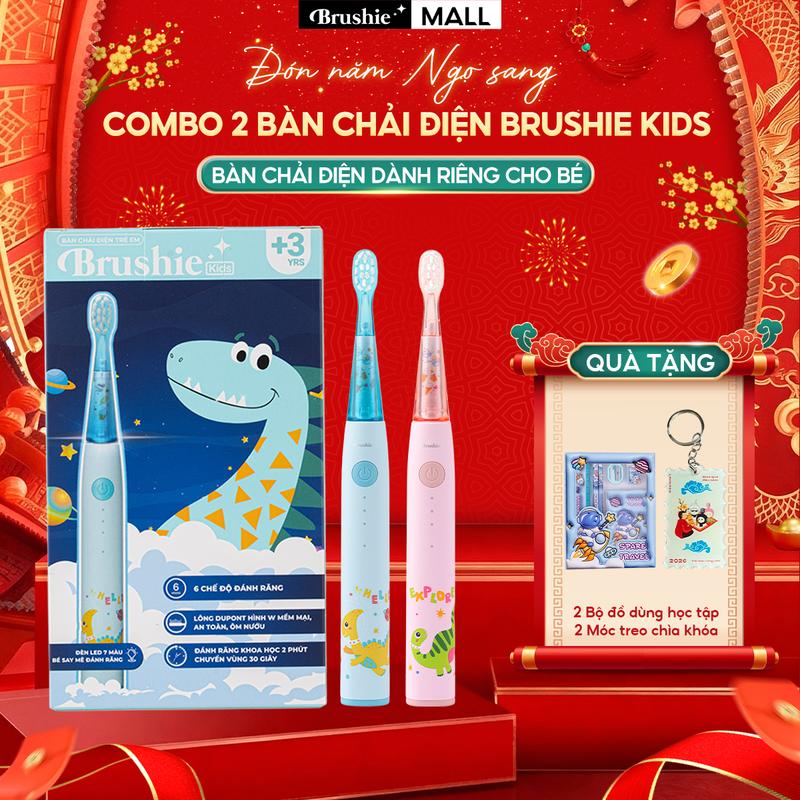 QUÀ TẶNG CHO BÉ Combo 2 Bàn chải điện trẻ em Brushie Kids đầu lông bàn chải mềm mại an toàn cho bé - TẶNG 2 BỘ ĐỒ DÙNG HỌC TẬP + 2 MÓC KHÓA TẾT