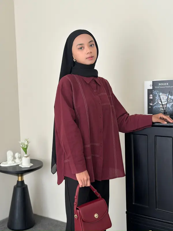 ASOKA Twila Shirt 2289 - Contrast Stitching Oversize Blouse Long Sleeve - Atasan Wanita Kemeja Kasual Linen Baju Panjang 1