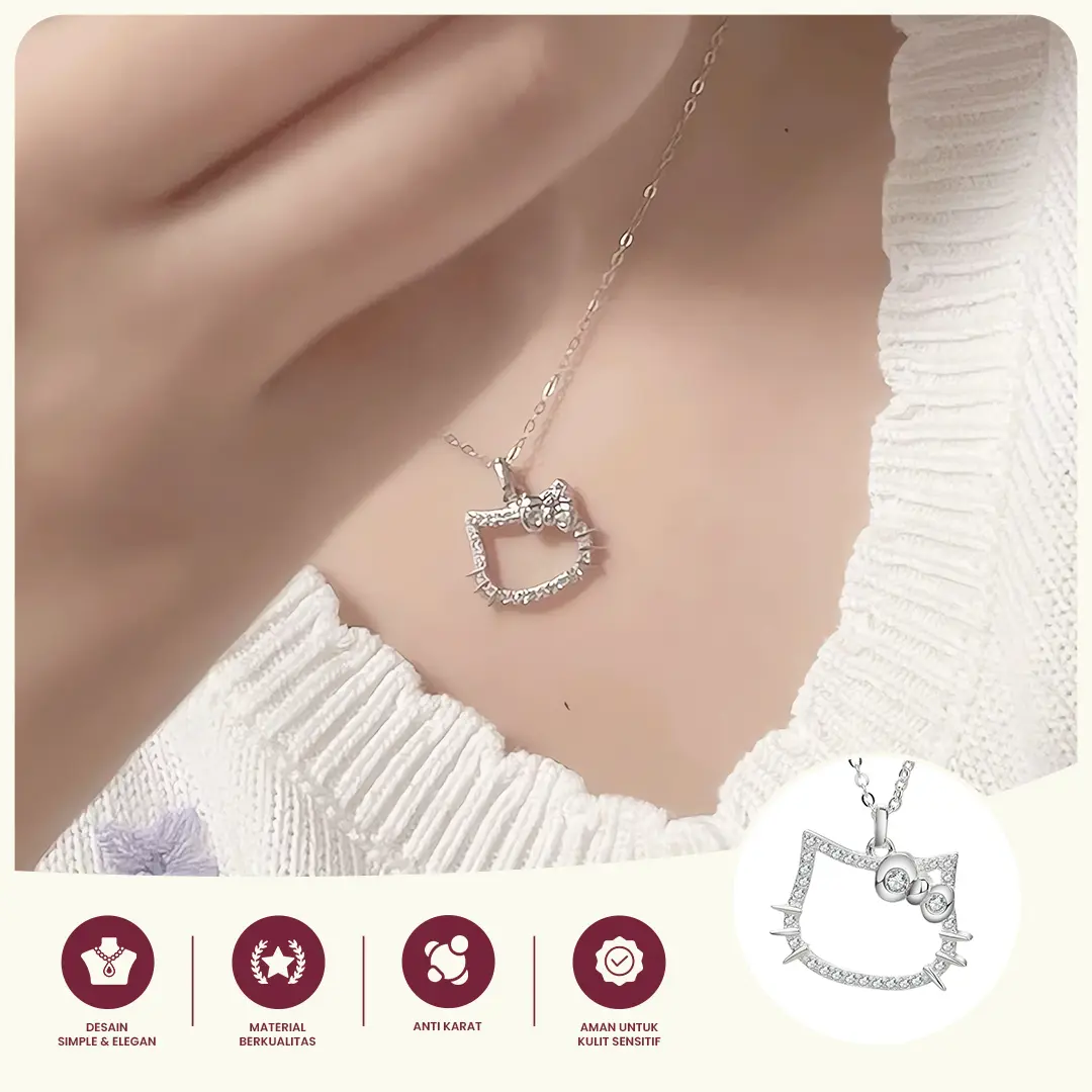 Kalung Wanita Silver Motif Kucing Hello Cat Zircon Elegan Anti Karat