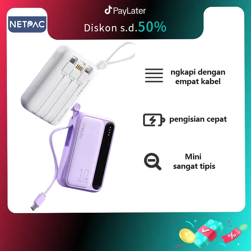NETPAC Powerbank 10000 mAh Fast Charging Real Capacity Murah Mini Lightweight with 4 Kabel Data Original