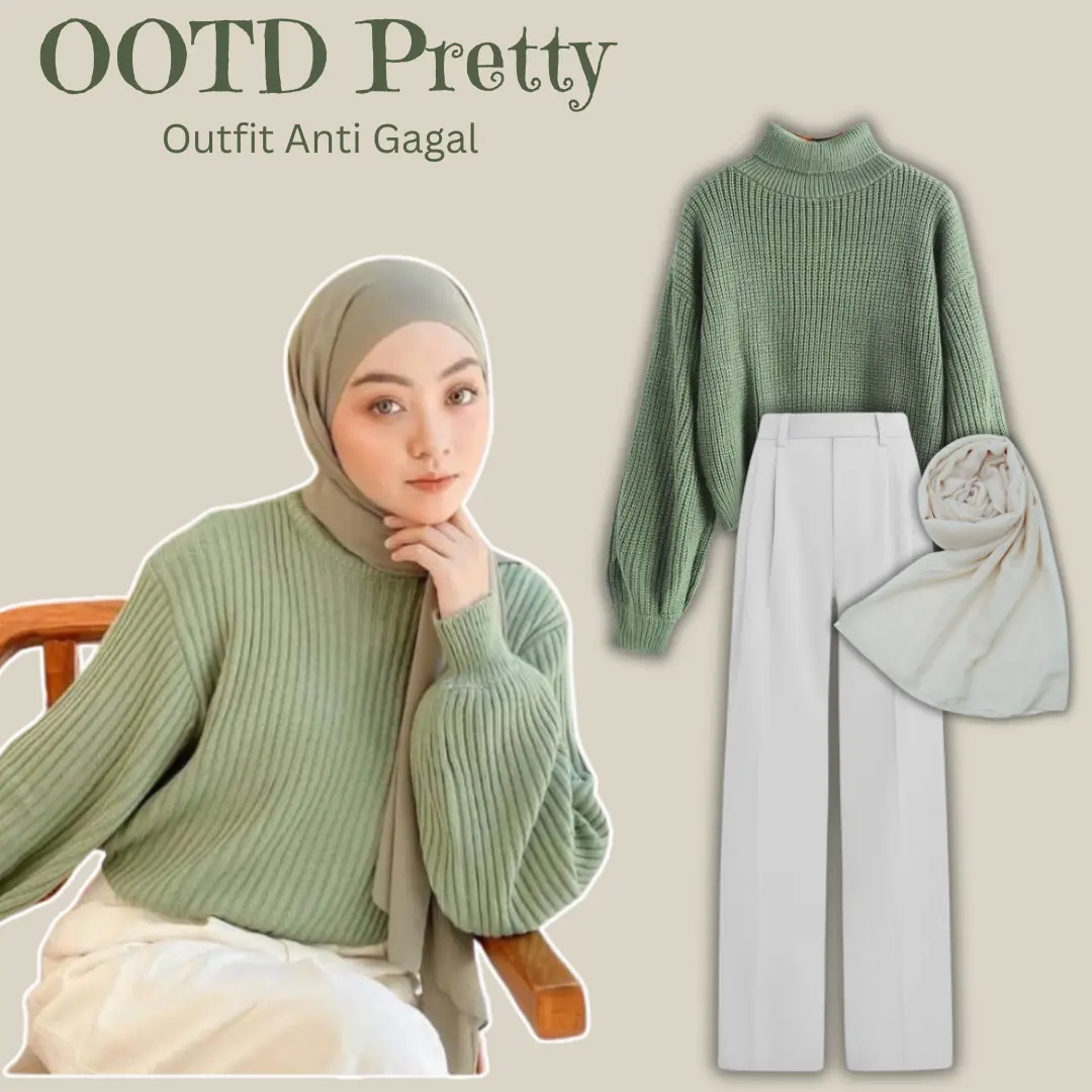 One Set 3in1 Pretty Outfit SWEATER BALON/TURTLE NECK + CELANA POLIESTER + HIJAB PASMINA CERTY Bahan Premium LR53
