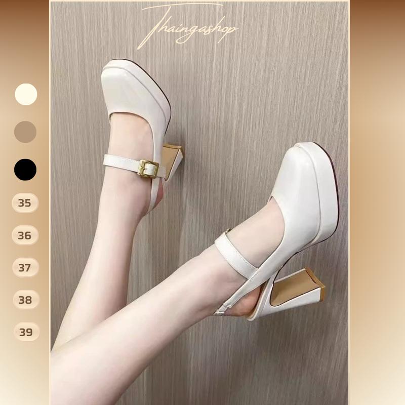 Giày Cao Gót Đế Vuông 9 Phân Bít Mũi Quai Ngang 2 Màu Trắng Đen Nude Nữ Đi Tiệc Kỉ Yếu Sang Chảnh Thái Nga Shoes Giày Cao Gót DéP Đế Cao G0755-TC060