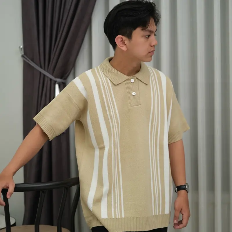 BASIC LAB Polo Stripe Oversize Knit Cream White 2