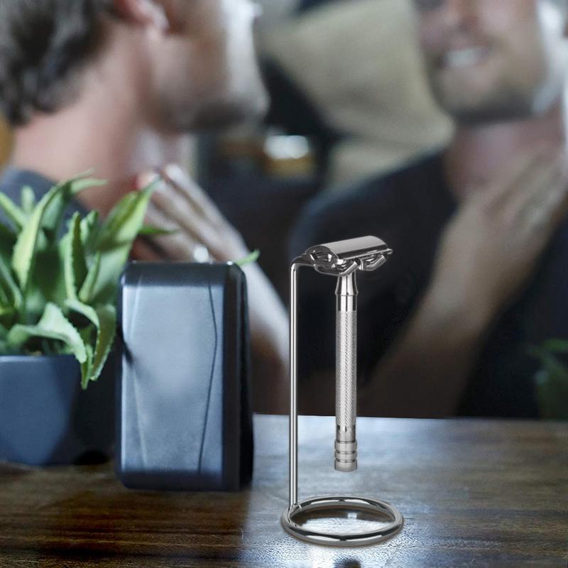 Product Introduction of Stainless Steel Safety Razor Stand, Shaving Razor Holder, Deluxe Men's Travel Shaver Stand, Compatible with Long Handle Safety Razor, Fusion 5, ProShield, Mach 3 (Silver/Polished Chrome) 11