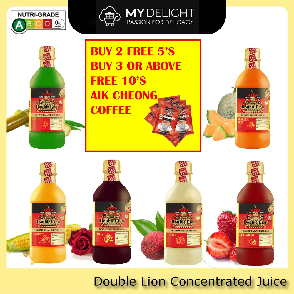 SG READY STOCK 495ml HALAL Double LION Cordial Concentrate Syrup Base Drink Corn Cane Lychee Melon Rose Strawberry