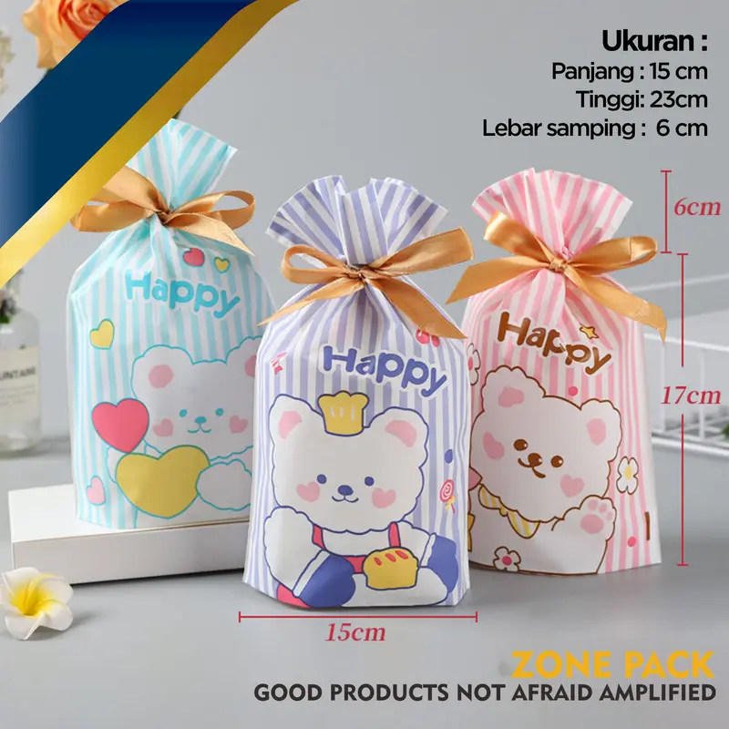 Plastik Serut Ulang Tahun Anak | Plastik Packing Kue Serut Pita | Goodie Bag Souvenir Snack Hadiah lucu 1