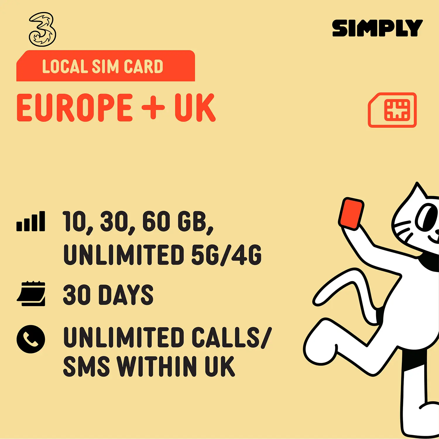 [3UK] 30 Days | 10GB/30GB/60GB/Unlimited(4G/5G) Data | Local Europe/UK SIM Card | Plug and Play | No Registration Required