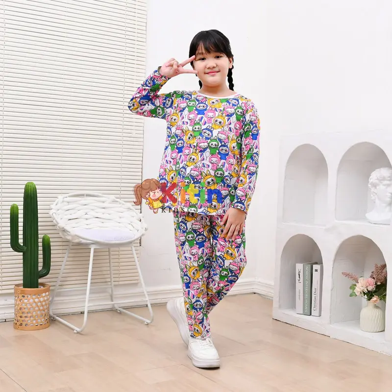 KITIN - SETELAN BAJU TIDUR DAN PIYAMA ANAK CEWEK/PEREMPUAN MOTIF FULL PRINTING LABUBU MONSTER UKURAN 4-12 TAHUN BAHAN KAOS 1