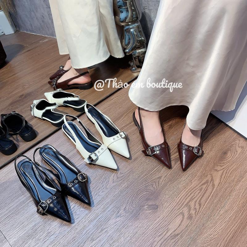   Thảo Em - SHB021   Sục bệt nữ mũi nhọn khoá vuông da mềm sang chảnh   QCCC   màu Đen Kem Nâu 