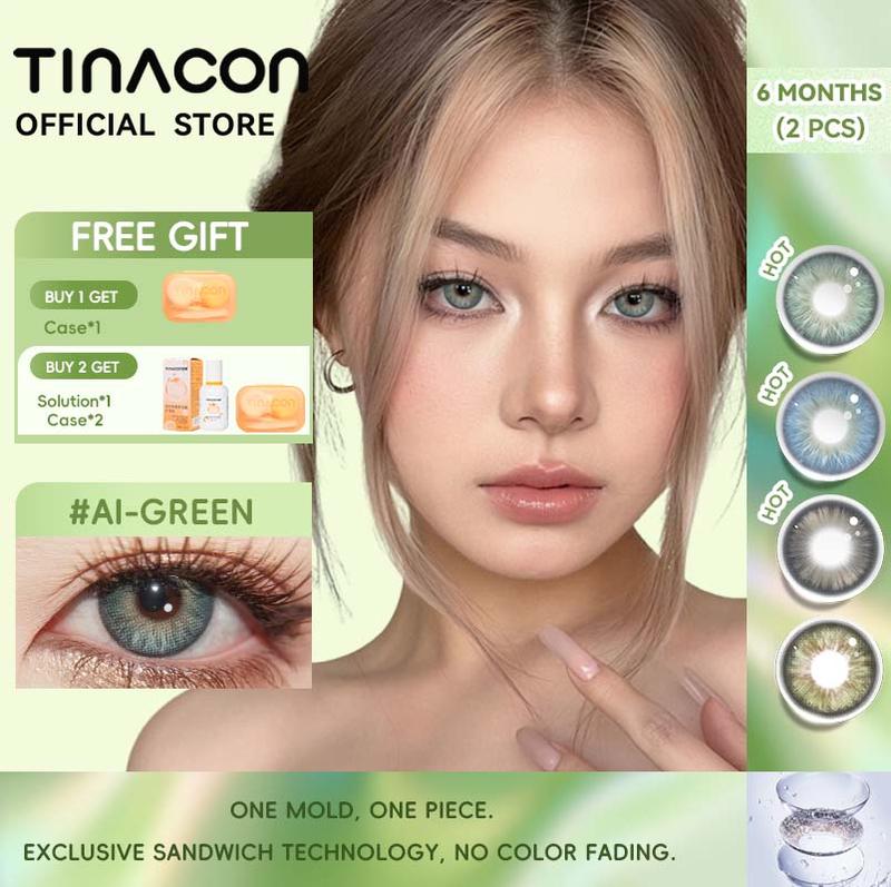  【AI Green Blue TINACON LENS 2 chiếc 6 tháng DIA 14.2-14.5mm được sử dụng trong 6 tháng độ cận 0.00-8.00  Giá 1 Cặp - Tặng Kèm Khay Dụng Cụ Đeo   Kính áp tròng mềm 