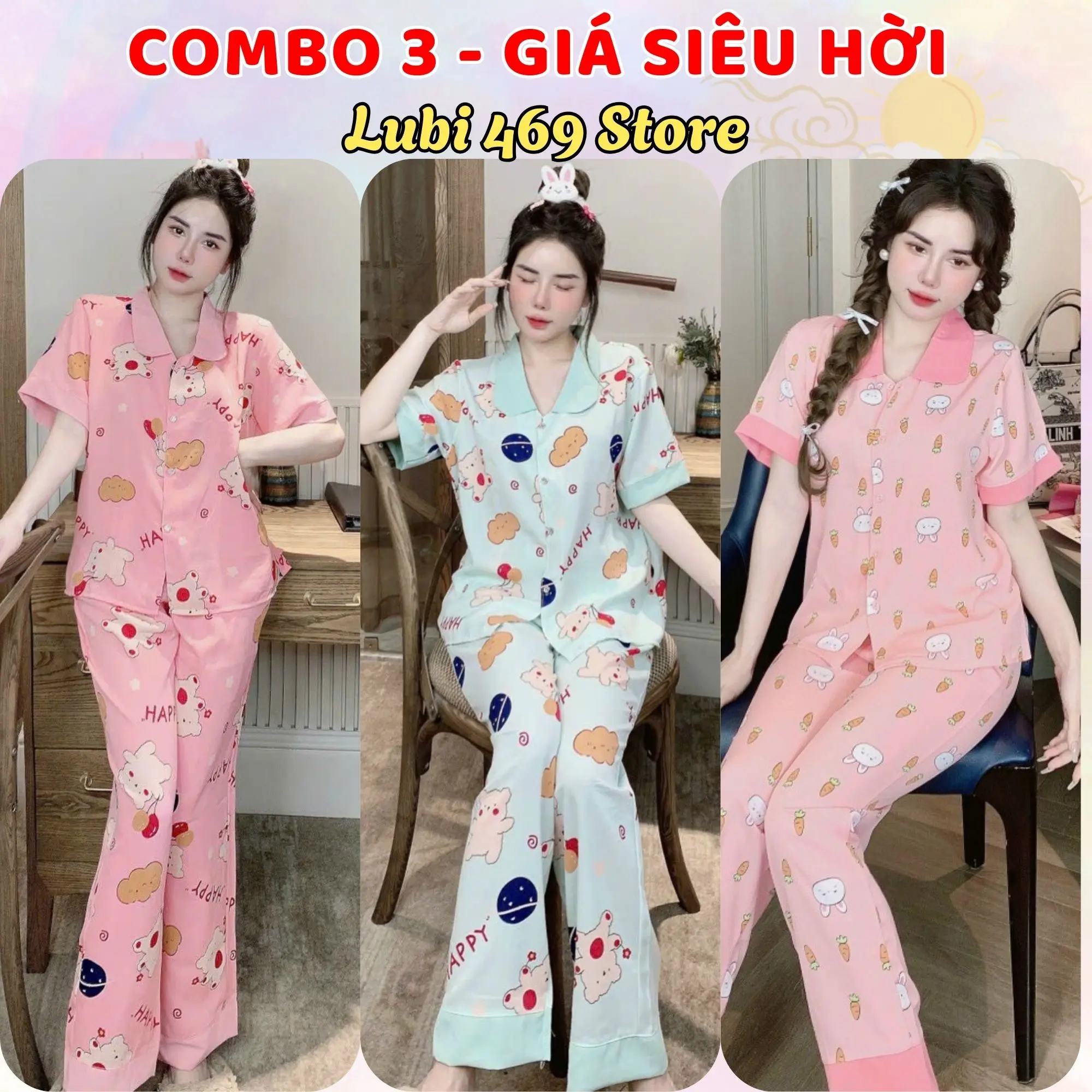 [Combo 3 - Giá Siêu Hời] Bộ Đồ Ngủ Pyjama Nữ Áo Cộc - Quần Dài | Cổ Sen Phối Viền Nữ Tính | Size  M/L (35-60kg, Cao Dưới 1m60) | Mặc Nhà - Đi Chơi - Chụp Ảnh