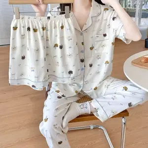 Piyama 3in1  Import Lengan Pendek Celana Panjang dan Celana Pendek Wanita Remaja Bahan Katun Crinkle BKK