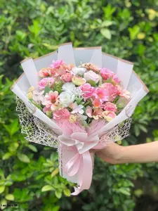 Buket Bunga kado ulang tahun / wisuda / anniversary / pernikahan / buket bunga plastik artificial ukuran besar 30x40 cm warna pink gratis kartu ucapan