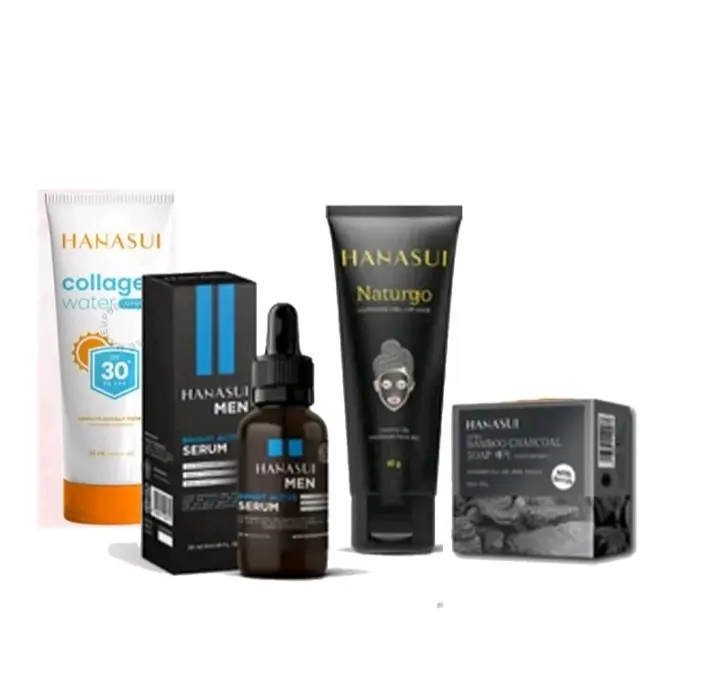 PAKET SKINCARE PERLINDUNGAN WAJAH PRIA HANASUI SUNSCREEN SPF 30 +++ PERAWATAN PRIA 4 IN 1  WITH SERUM MEN BRIHGT ACTIVE SABUN CHARCOAL  Asam Hialuronat Membersihkan Memutihkan Mencerahkan Acid