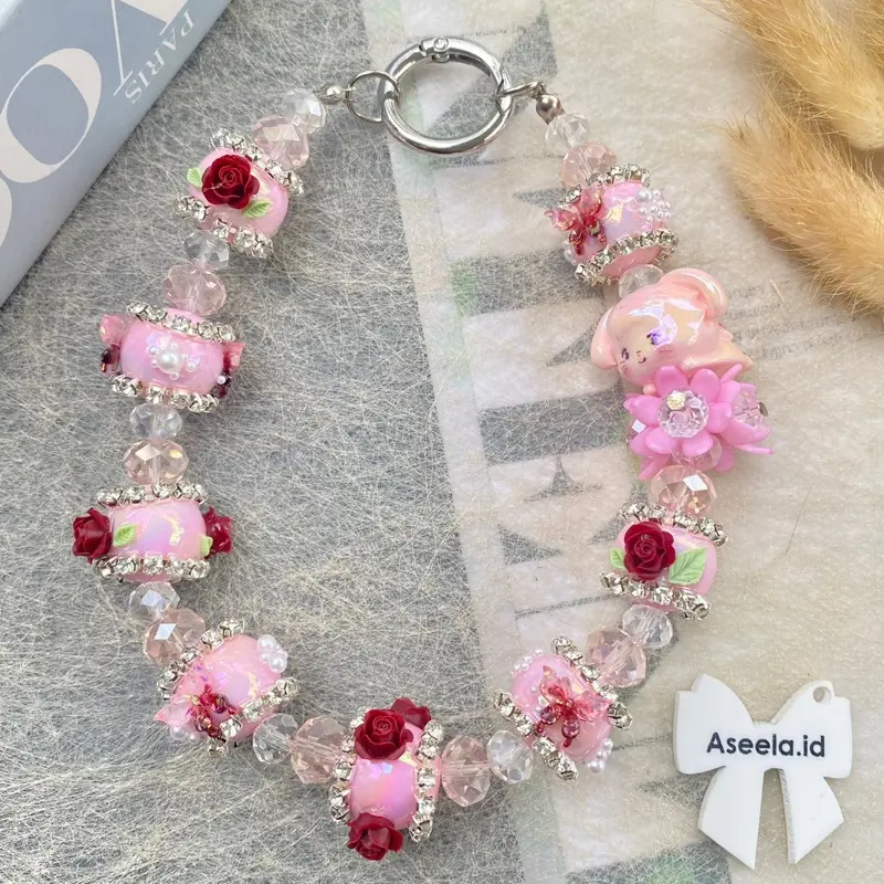 [Aseela] Strap Phone/Gantungan kunci/Tali hp Beads Crystal Luxury free mika Handphone Lanyard