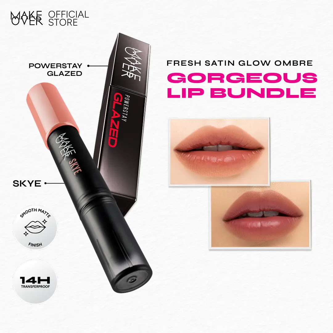 MAKE OVER Fresh Satin Glow Ombre: Gorgeous Lip Bundle - Tahan Lama Easy Application Non-Drying Formula Lightweight Long-lasting Gloss Glazed Lip Crayon Lip Care Lip Cream Makeup must-have Hydrating Healthy Lips Transferproof FYP Recommended