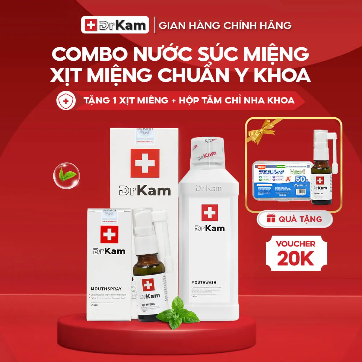 Combo chăm sóc răng miệng - Nước súc miệng & xịt miệng chuẩn y khoa DrKam khử hôi miệng, giảm viêm nướu.