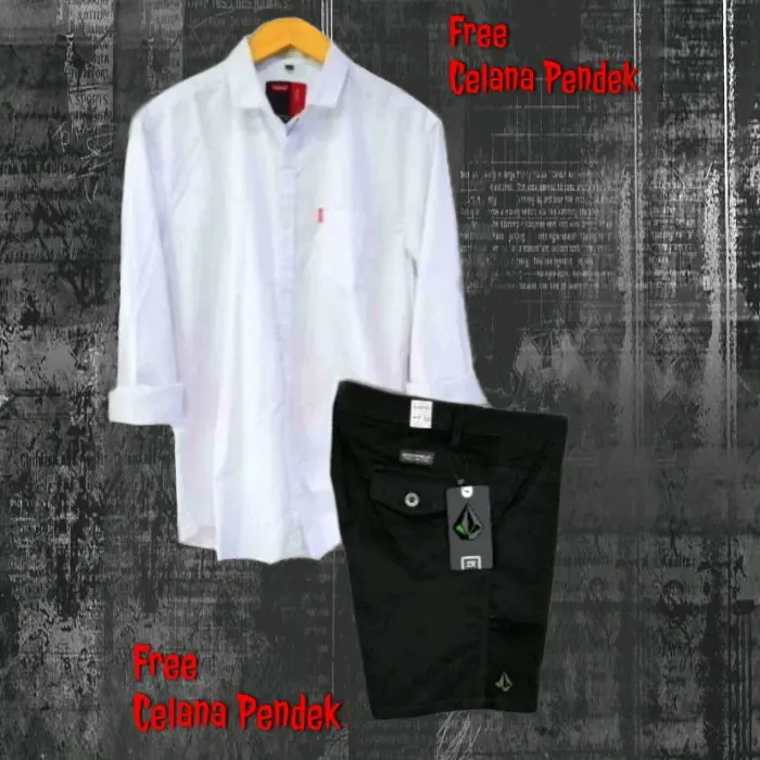 PAKET HEMAT COD Setelan Kemeja Lengan Panjang Pria Dewasa Celana Pendek Pria Dewasa Laki Laki One Set Pria Polos Lengan panjang Katun