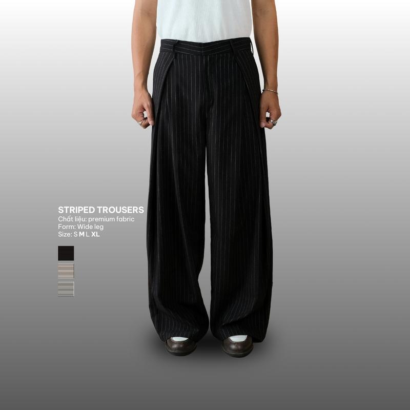 [SIÊU SALE 10.10] B Brown Quần âu nam B Brown kẻ sọc li vát chéo ống rộng phủ giày - Striped Wide Leg Trousers B Brown chất liệu vải âu cao cấp form cạp cao phù hợp hàng ngày