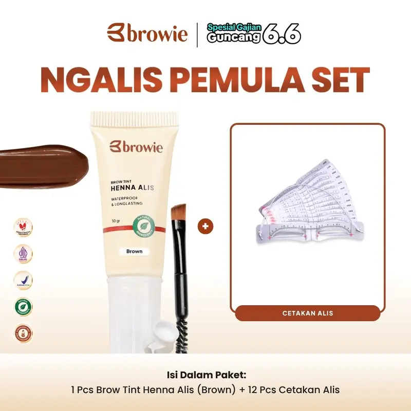 Brown - 10GR - [BPOM & Halal] browie Brow Tint Henna Alis + Cetakan Alis Tali | Eyebrow Gel Waterproof & Longlasting Coklat (Ini Henna alis bukan pensil alis) 0
