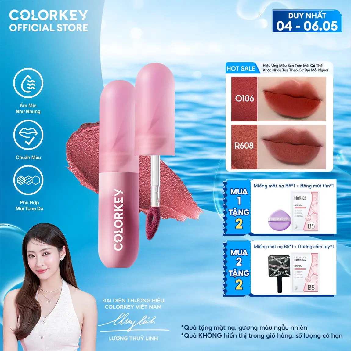 Son Kem Bùn COLORKEY Lip Mud Chất Son Mềm Mịn Che Vân Môi Tốt, Màu Sắc Thời Thượng 2g
