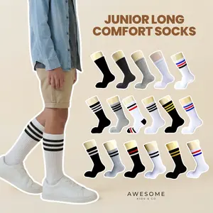 AWESOMEKIDS Kaos Kaki Panjang Sebetis Basic Oldschool Motif Stripes Garis Polos Remaja ABG Teen Kekinian Fashion Anak
