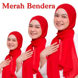 Kerudung Pashmina Ceruty Babydoll Jahit Tepi Kecil Merah Bendera / Merah cabe