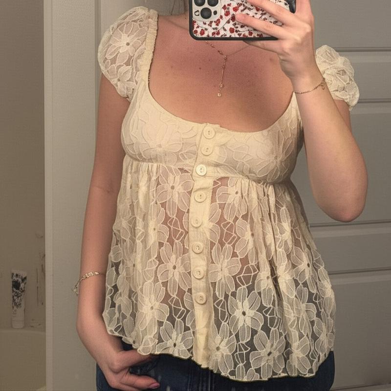 Áo Ren Cài Cúc khoét Hoa, Áo Thun ngắn Tay Cổ Vuông Mùa Hè Cho Nữ, Áo Cardigan Ngọt Ngào