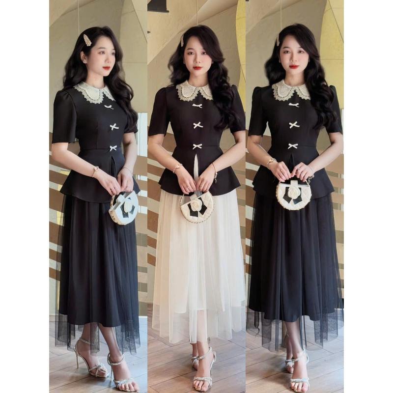 Set, áo rời B7 thiết kế tiểu thư cổ ren phối chân váy lưới xòe màu đen trắng size S M L XL phù hợp đi tiệc và chơi hoaiphuongshop hoaiphuongxuongmay