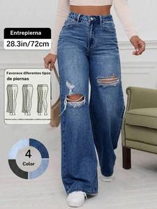 Jeans rasgados lisos para mujer, pantalones de mezclilla cómodos y casuales para uso diario, pantalones holgados para damas ideales para el verano