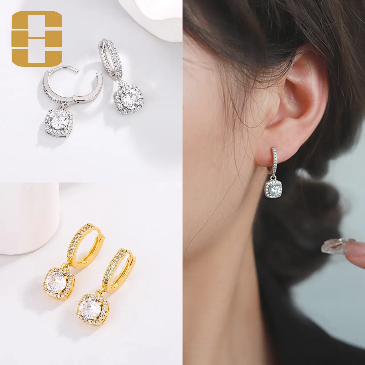 HUICUI Anting Persegi Berlian Titanium Anti Karat Berkilau Wanita Temperamen Elegan Mewah Gaya Anting Hoop R039-R040