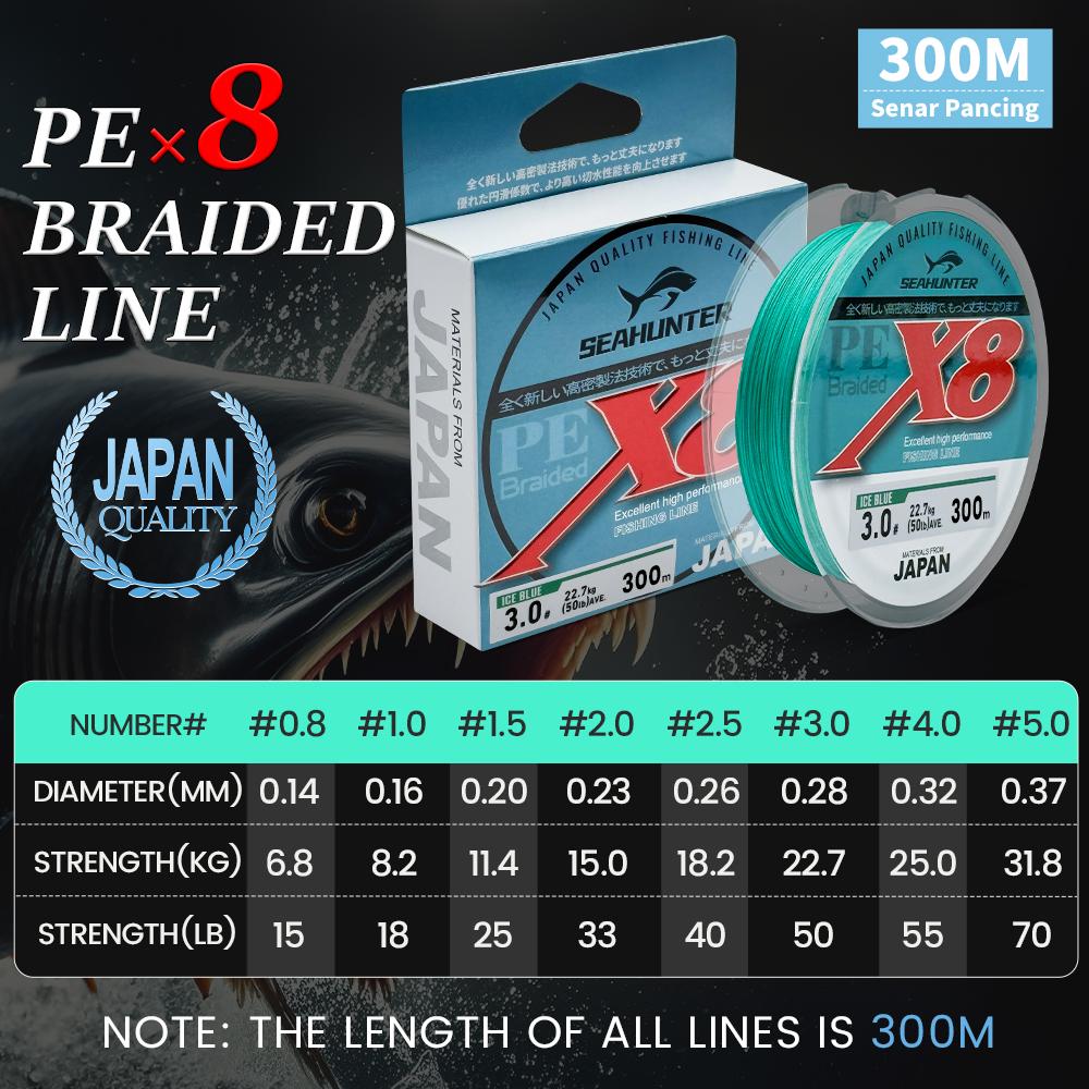 100m/150m/300m PE X8 Senar Pancing, SeaHunter Blue Shark Senar Pancing, Tahan Aus Senar PE X8 Hijau Merah Anti Kusut Tali Pancing Dikepang 300m Halus Lembut Jepang Braided Fishing Line Memancing Di Laut #Ikan Pancing Lure Reel Joran Umpan