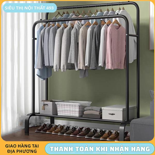  Giá phơi quần áo hai tầng đa năng hai thanh treo chịu lực tốt chất liệu kim loại chắc chắn giá đựng giày và giá treo quần áo đa năng tiện lợi lắp ráp đơn giản tiện lợi 