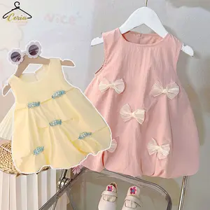 Ceria Gaun Rompi Pita 3D Gaun Putri Anak Perempuan Musim Panas Korea Lengan Cantik Rok Bunga Lucu Bahan Lembut Size 80-110cm Warna Kuning Pink