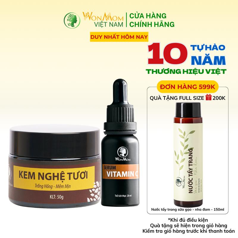 Combo 2 Món Làm Đẹp Da Chăm Sóc Dưỡng Sáng Mờ Thâm Nám Cơ Bản Trắng Hồng Wonmom ( 1 kem nghệ tươi + 1 serum c) Skincare