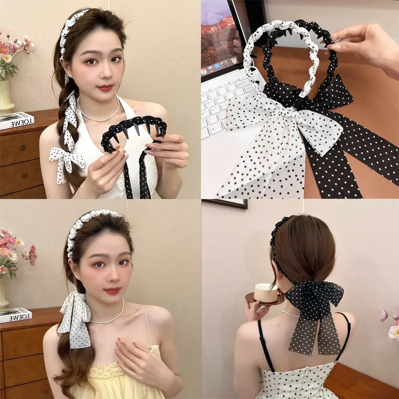 Elegant black and white polka dot long streamer headband tooth comb headband can be braided headband ladies headband headdress