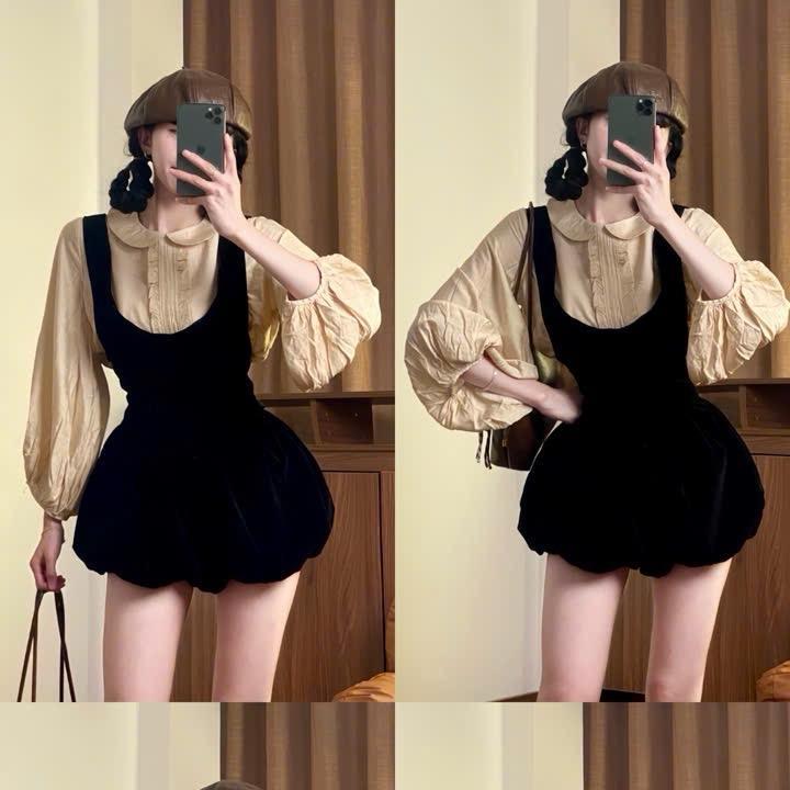  Set Yếm Bí Nhung 2 Lớp Cột Nơ Lưng Mix Sơmi Đũi Tay Bồng viền bèo”PINI” style Ulzzang siêu xinh-Dành Cho Nữ 