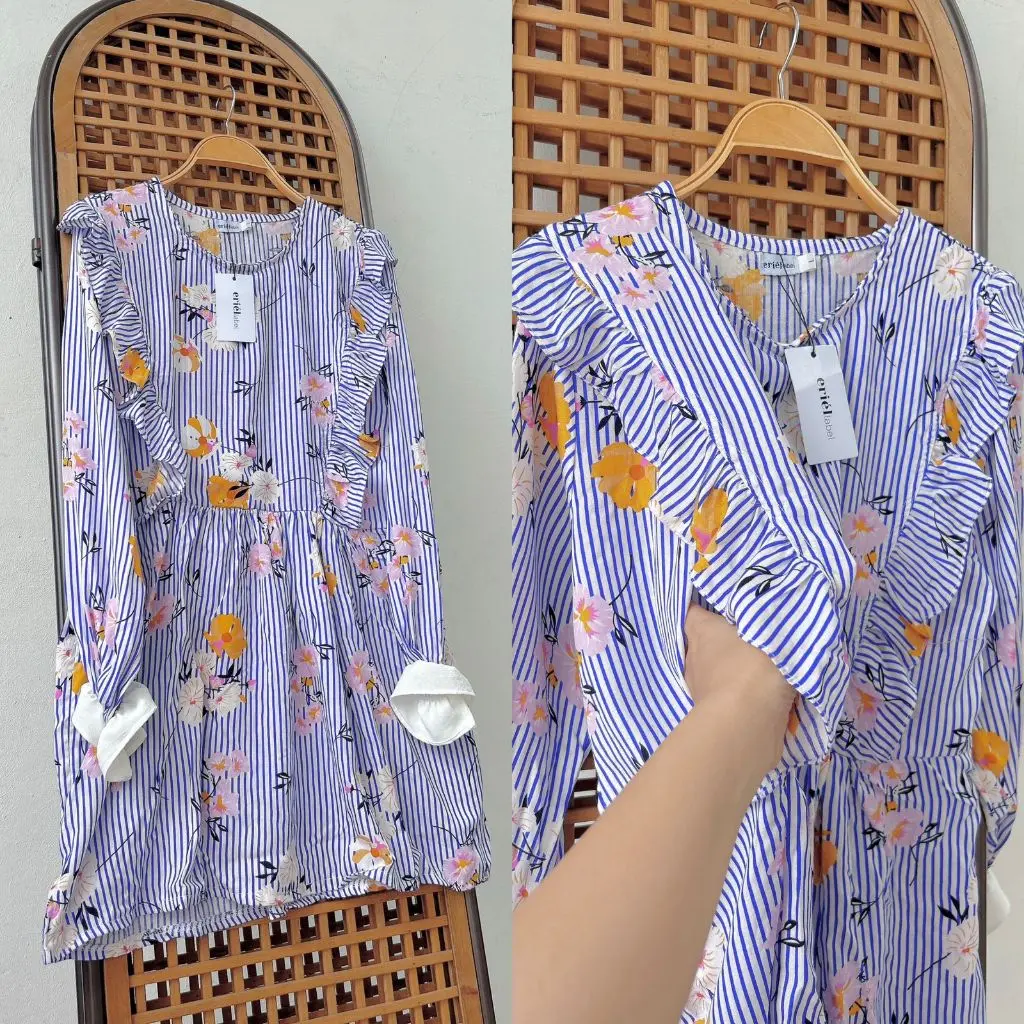 RUNA - Nursingwear Tunik Rayon Ruffle Menyusui Atasan Baju Bukaan Kanan Kiri Belahan Busui Bumil Busuifriendly Motif Shabby Bunga Hidden Access Tartan Eriel Label Eriellabel Breastfeedin