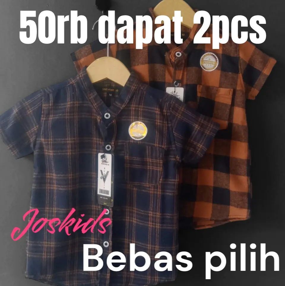 Promo Paket Hemat 50rb 2pics Kemeja Flanel Anak Laki Laki Lengan Pendek Premium Usia 1-8 Tahun Cowok