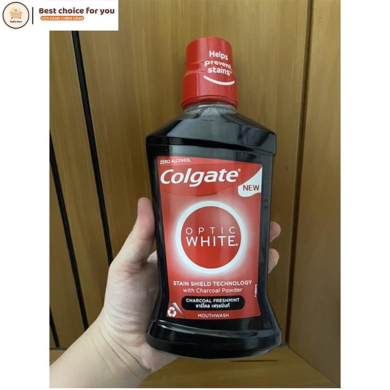 Nước Súc Miệng Colgate Trắng Răng Optic White Than Hoạt Tính Bạc Hà The Mát 500ml