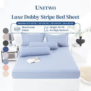 UNITWO -LUXE [SEPREI SET ONLY] Seprei Set Hotel Motif Salur Dengan Sarung Bantal dan Guling Karet Keliling Tinggi 30cm  200X200 180X200 160X200 120X200 Halus Lembut dan Nyaman