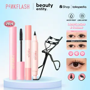 (FREE PENJEPIT BULU MATA) PINKFLASH Eyeliner Stamp + Black Mascara Tahan Air, Tahan Lama untuk Daily Makeup Free Penjepit Bulu Makeup Set Bundle Paket Makeup