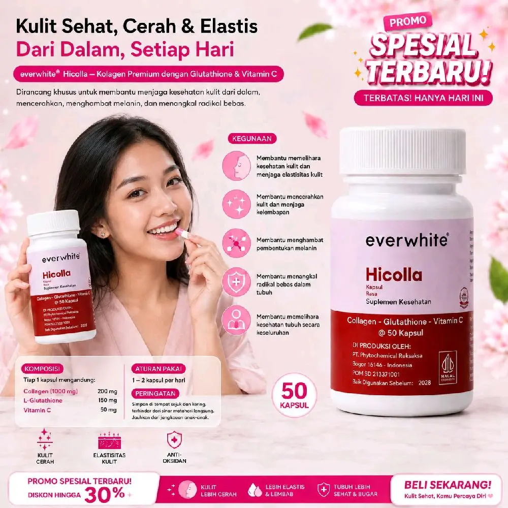 Everwhite Hicolla Capsule Isi 50 Kapsul Pemutih Badan dengan Collagen 2000mg & Scotland Vit C untuk Kulit Sehat Cerah