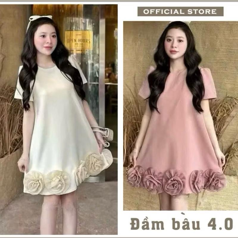 Váy bầu cộc tay dáng babydoll hoa nổi đi tiệc sang chảnh B348