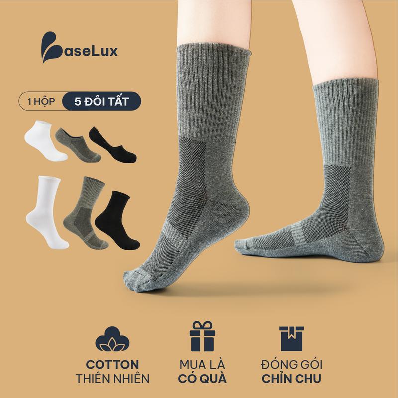 Tất cotton thiên nhiên BaseLux tất cổ cao thoáng khí chống hôi chân tất nữ mềm mại co giãn tất nam công sở kháng khuẩn
