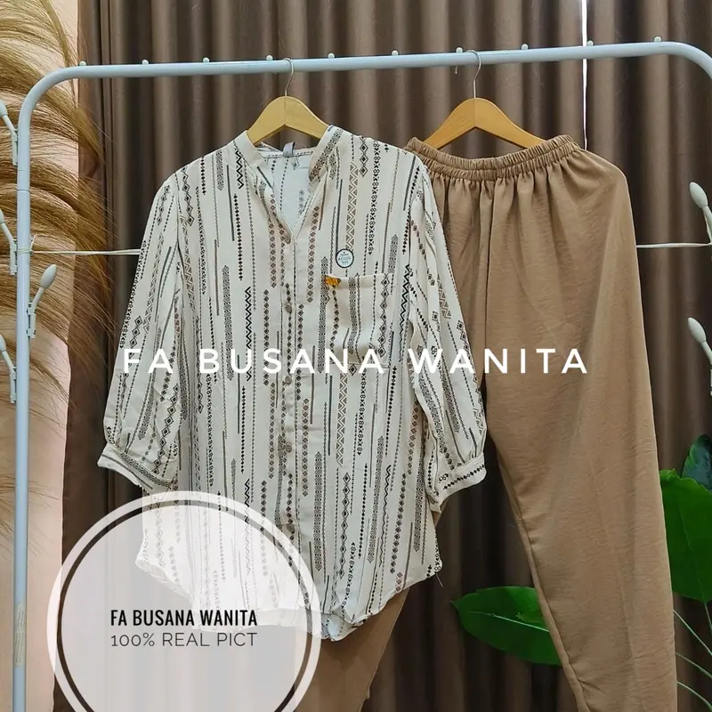 Setelan wanita jumbo bahan crinkle airflow Lembut baju Atasan Kancing depan Celana panjang Karet 0