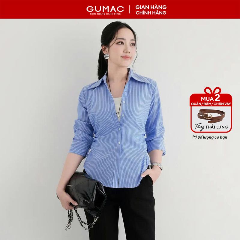   MUA 2 GIẢM THÊM 5%  Áo sơ mi nữ tay lửng có nhún chiết ly eo xanh sọc vải kate đứng form thời trang GUMAC AF01024 