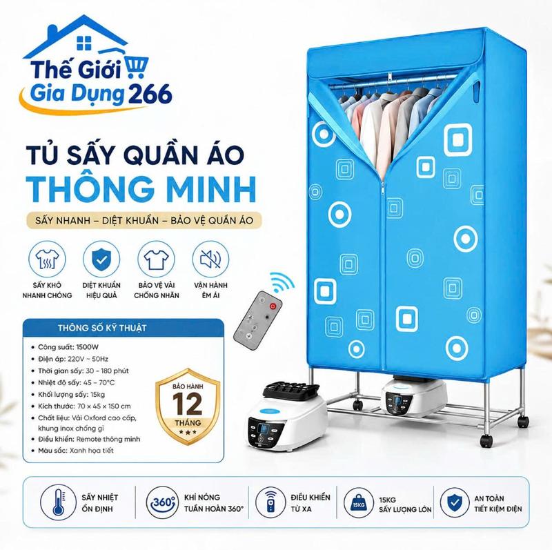 TỦ SẤY QUẦN ÁO (BẢO HÀNH 12 THÁNG) CAO CẤP KHUNG INOX CÓ ĐIỀU KHIỂN TỪ XA CHẠY ÊM